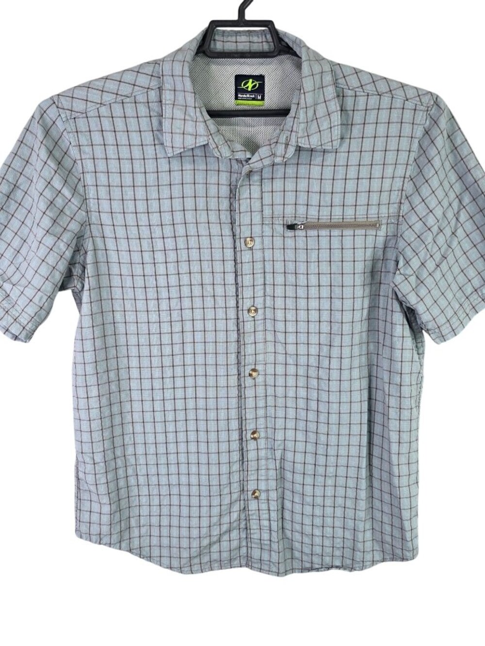 Mens NordicTrack Gray & Blue Checkered Button Up Shirt Short Sleeve Size M